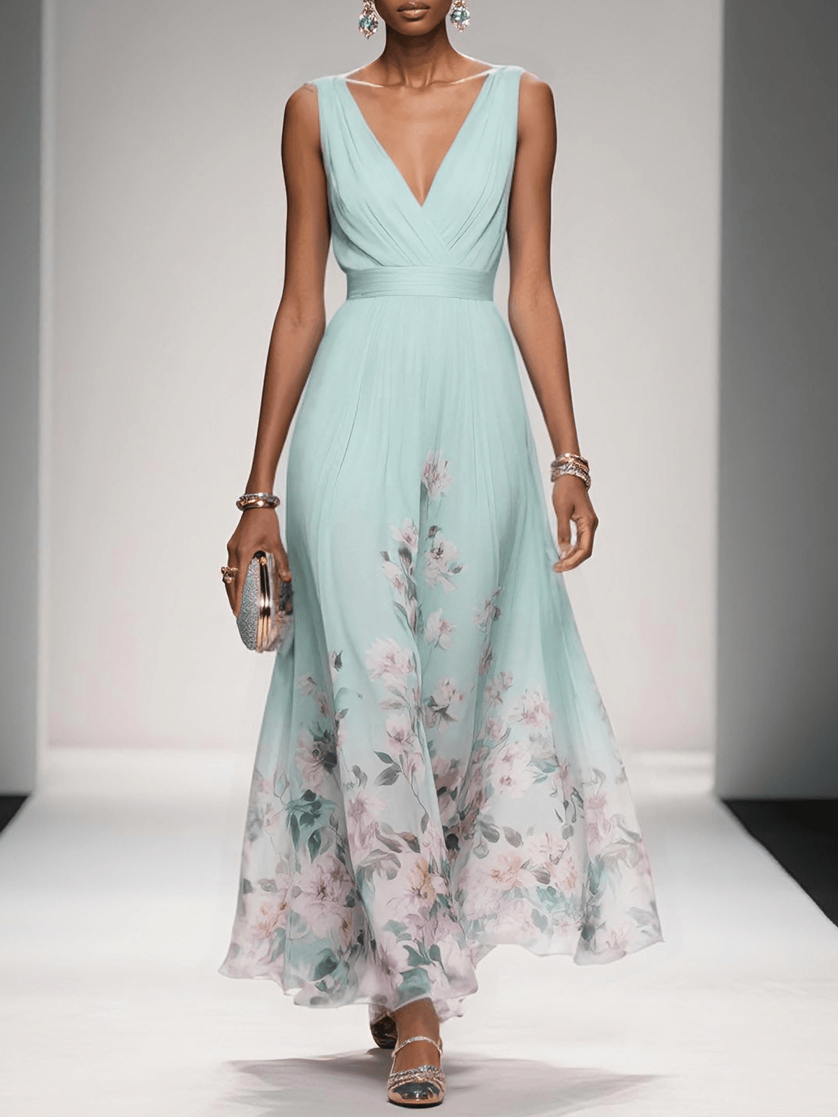 Elegant Floral Maxi Dress for Women with V Neck Sleeveless Pleated Waist Flowing Wedding Guest Style