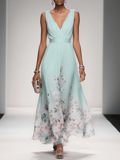 Elegant Floral Maxi Dress for Women with V Neck Sleeveless Pleated Waist Flowing Wedding Guest Style