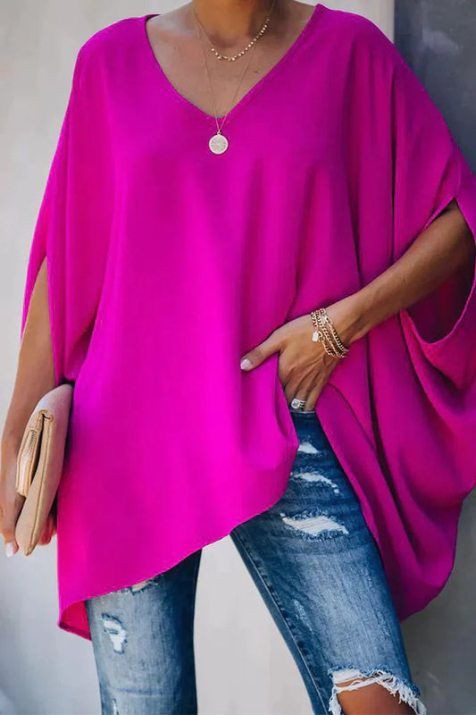 Effortless Tunic Top for Women with V Neck Batwing Sleeve Asymmetric High Low Hem Flowing Style