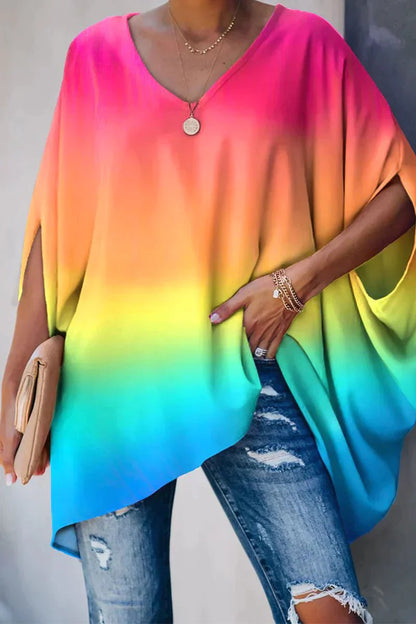Effortless Tunic Top for Women with V Neck Batwing Sleeve Asymmetric High Low Hem Flowing Style