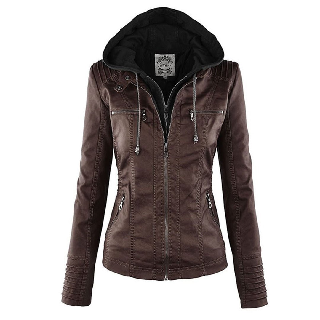 Effortless Faux Leather Moto Jacket for Women with Detachable Hood Long Sleeve Zip Front Casual Style