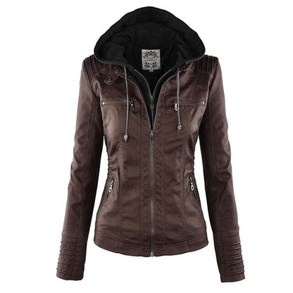 Effortless Faux Leather Moto Jacket for Women with Detachable Hood Long Sleeve Zip Front Casual Style