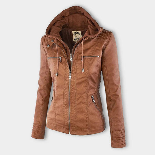 Effortless Faux Leather Moto Jacket for Women with Detachable Hood Long Sleeve Zip Front Casual Style