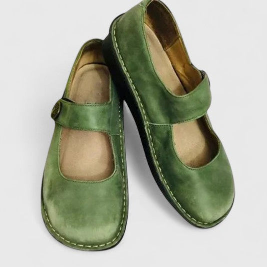 Comfortable Leather Mary Jane Flats for Women with Round Toe Buckle Strap Stitched Sole Casual Style