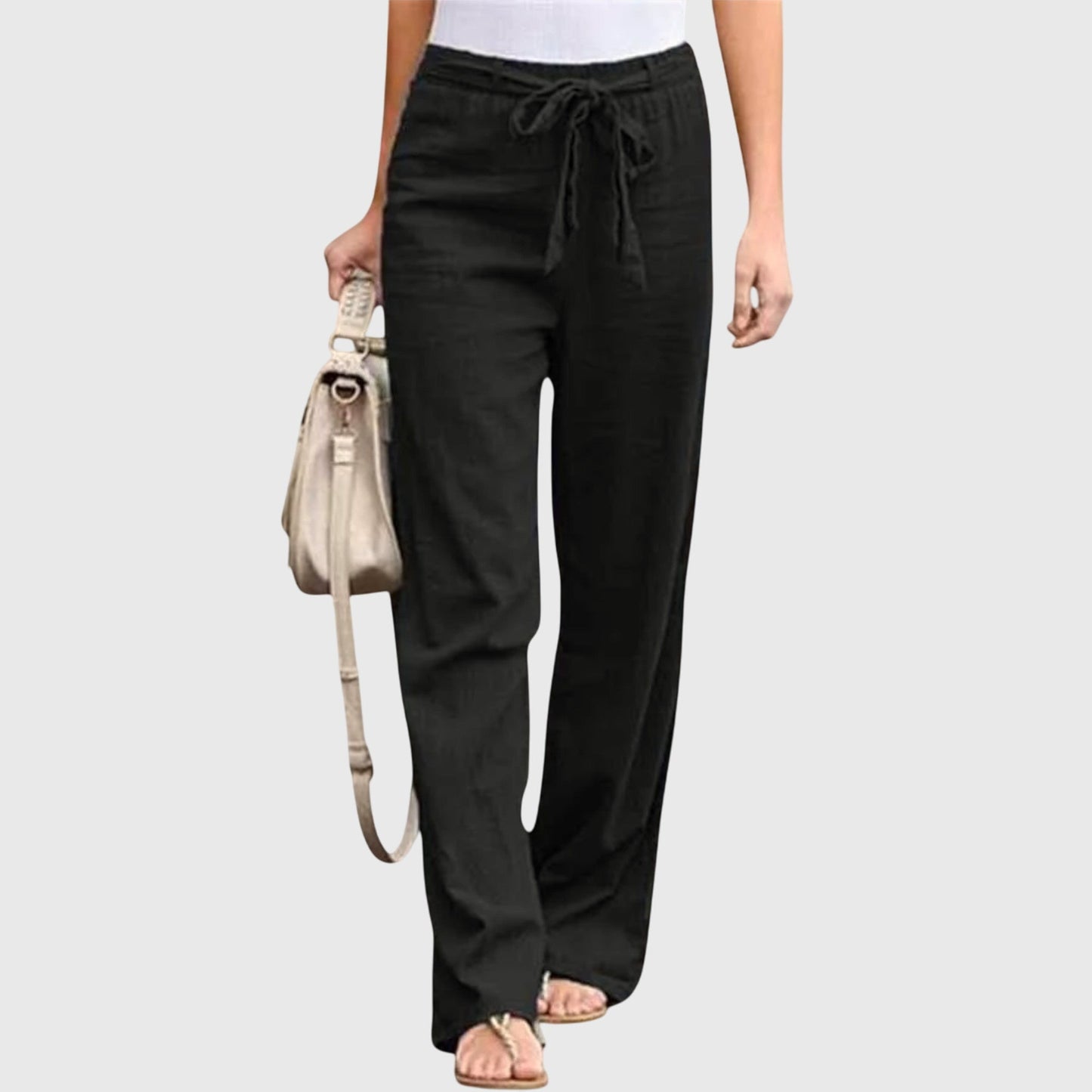 Effortless Linen Wide Leg Pants for Women with High Waist Drawstring Tie Front Relaxed Flowing Style
