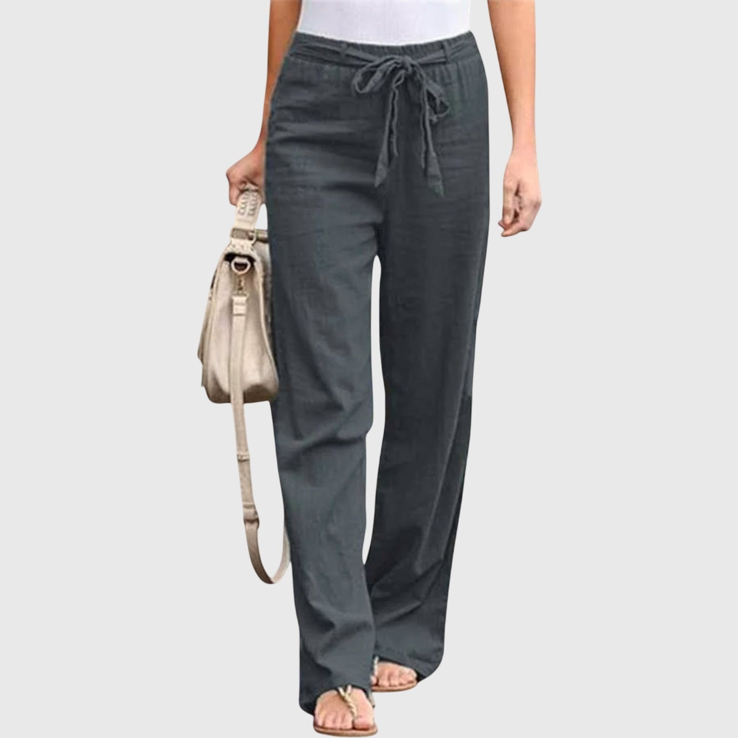 Effortless Linen Wide Leg Pants for Women with High Waist Drawstring Tie Front Relaxed Flowing Style