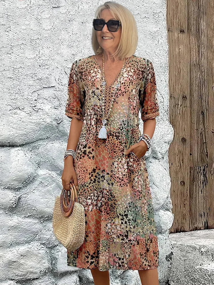 Effortless Tie Dye Floral Midi Dress for Women with V Neck Short Sleeve Relaxed Bohemian Style