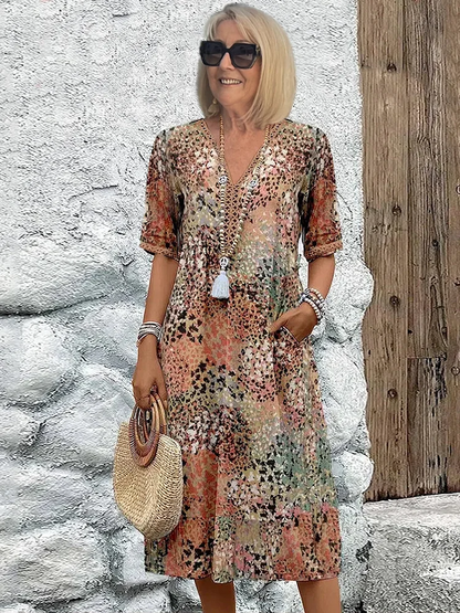 Effortless Tie Dye Floral Midi Dress for Women with V Neck Short Sleeve Relaxed Bohemian Style