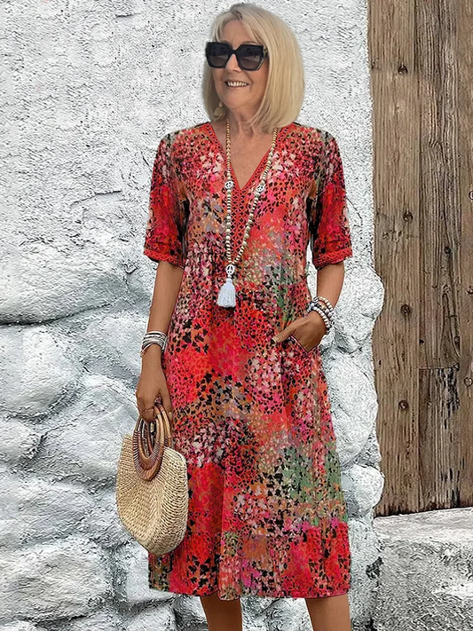 Effortless Tie Dye Floral Midi Dress for Women with V Neck Short Sleeve Relaxed Bohemian Style
