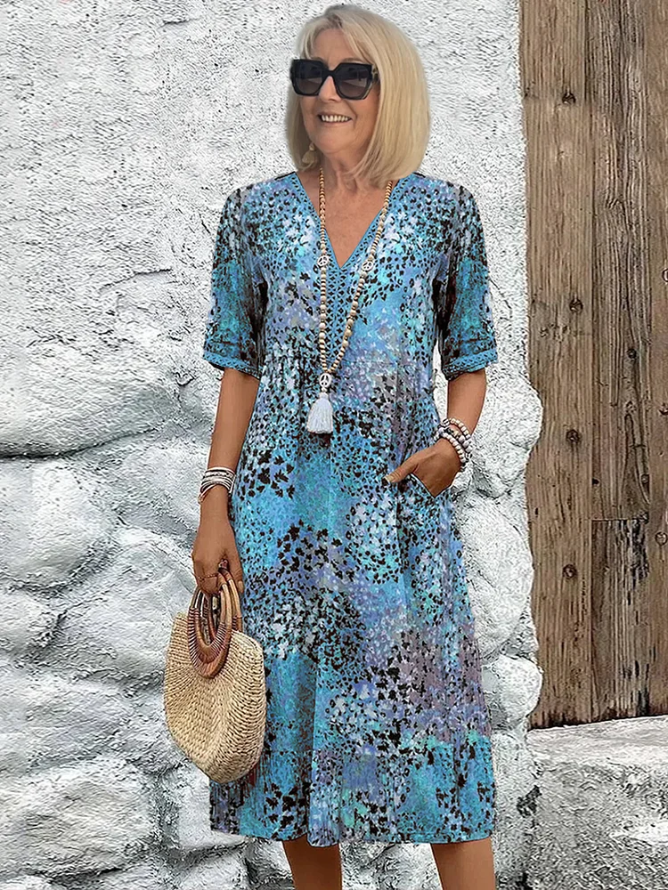 Effortless Tie Dye Floral Midi Dress for Women with V Neck Short Sleeve Relaxed Bohemian Style