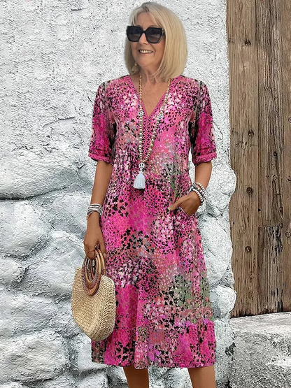 Effortless Tie Dye Floral Midi Dress for Women with V Neck Short Sleeve Relaxed Bohemian Style