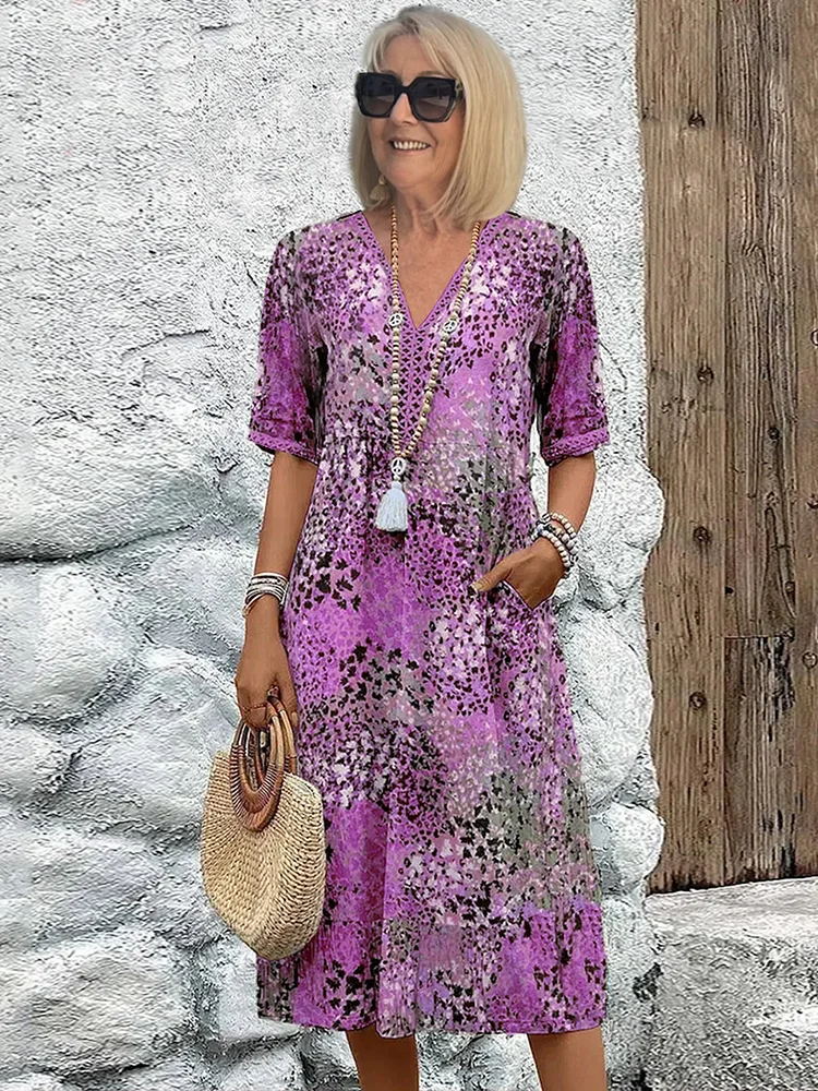 Effortless Tie Dye Floral Midi Dress for Women with V Neck Short Sleeve Relaxed Bohemian Style