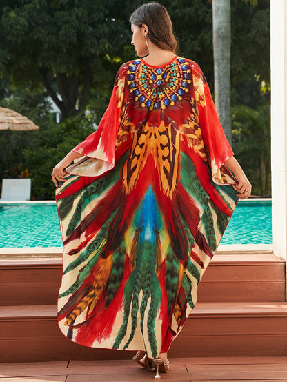 Elegant Multicolor Maxi Dress for Women with Feather Print Kaftan Batwing Sleeve Flowing Style