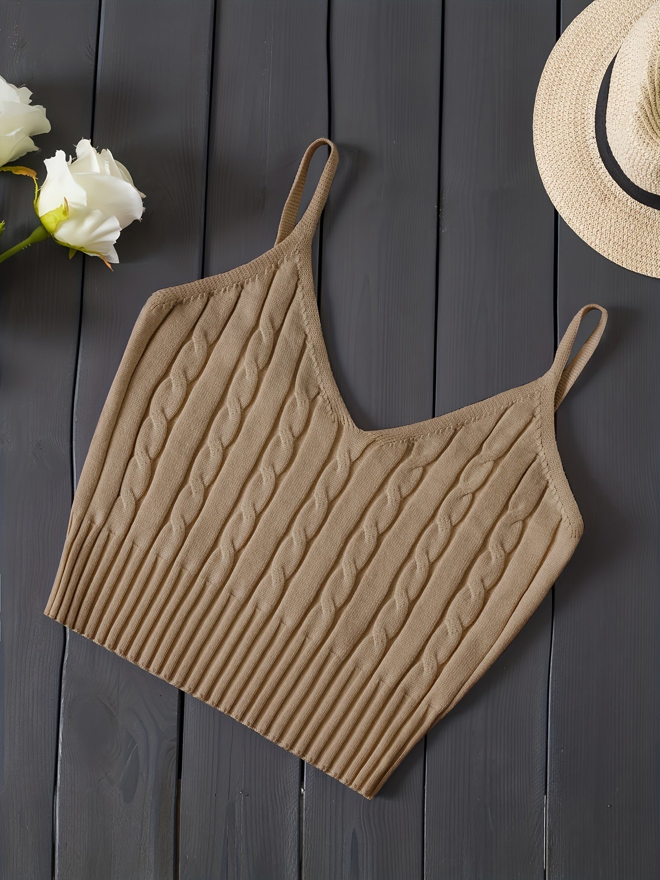 Effortless Cable Knit Tank for Women with V Neck Sleeveless Cropped Ribbed Casual Style