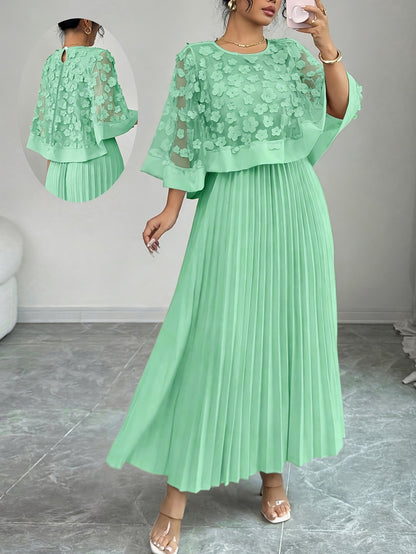 Elegant Floral Mesh Two Piece Set for Women with Round Neck Flutter Sleeve Pleated Maxi Skirt Formal Style