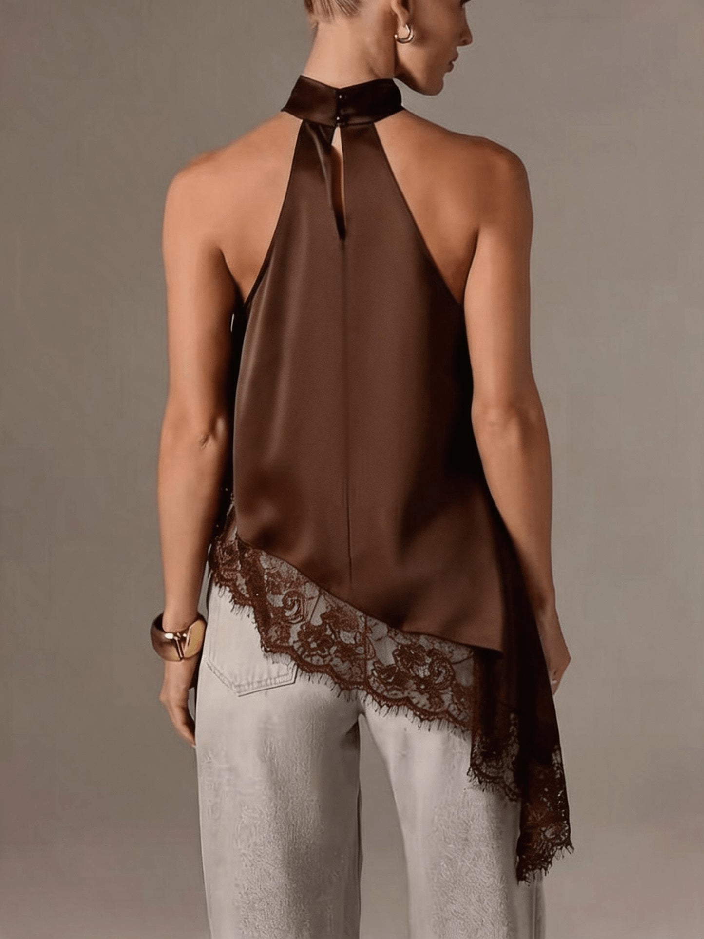 Elegant Satin Blouse for Women with Halter Neck Sleeveless Lace Trim Asymmetric Style