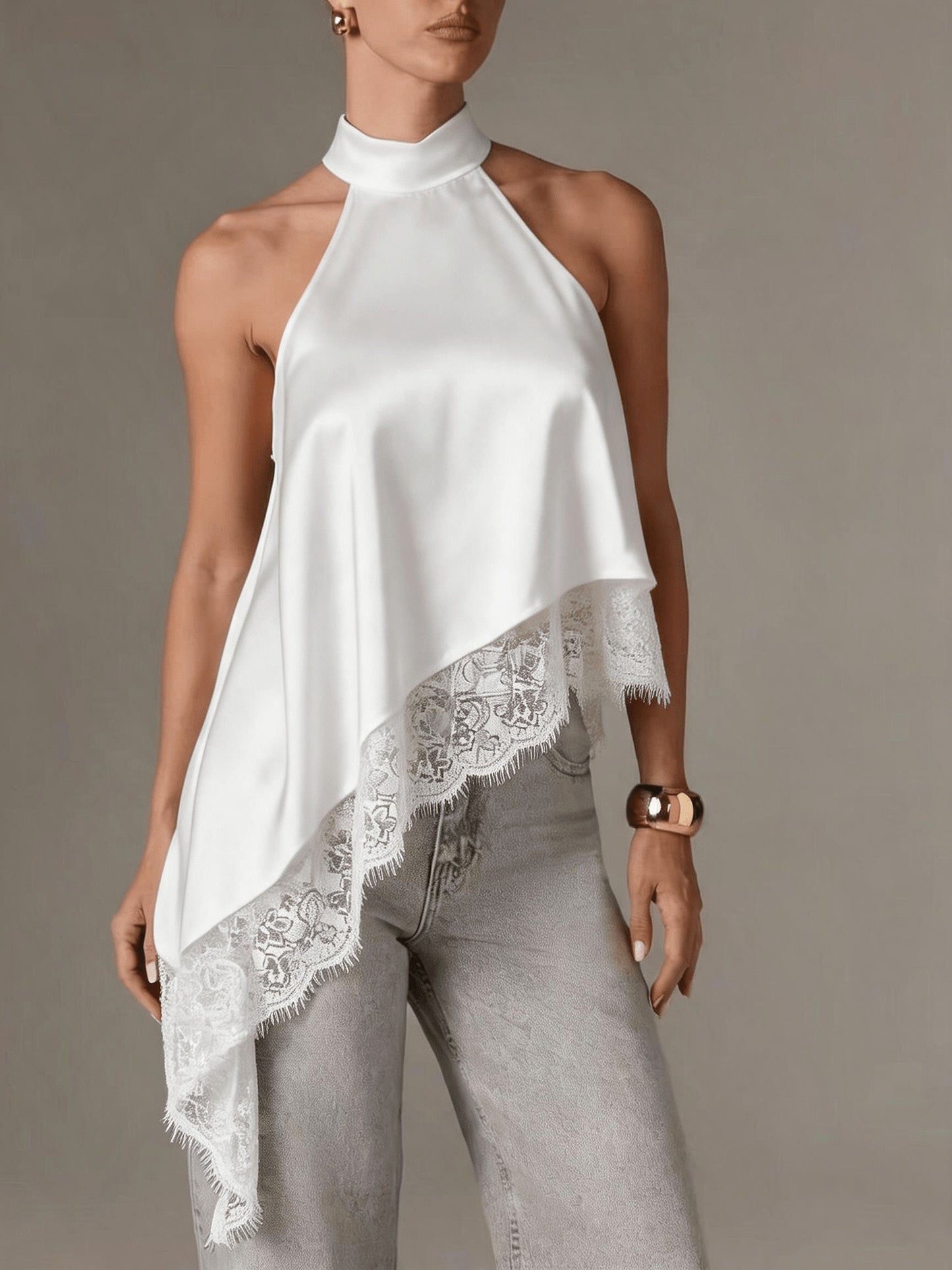 Elegant Satin Blouse for Women with Halter Neck Sleeveless Lace Trim Asymmetric Style
