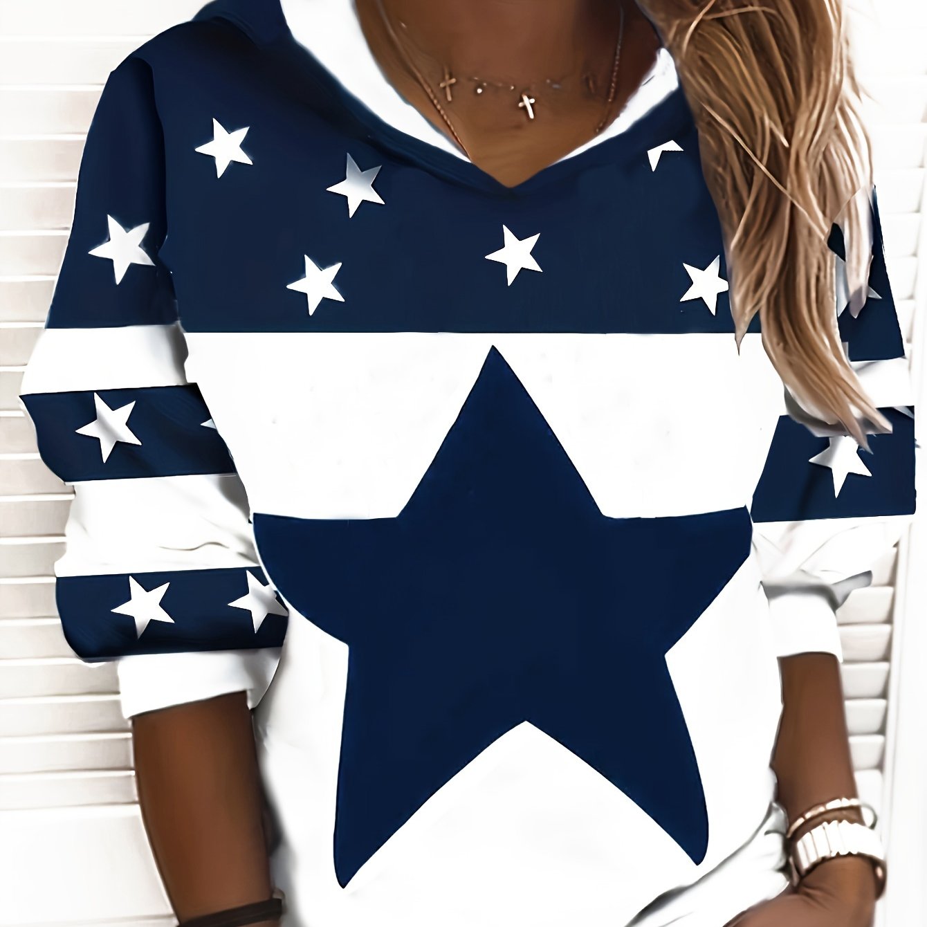 Comfortable Navy Star Print Hoodie for Women with Drawstring Hood Long Sleeve Colorblock Casual Style