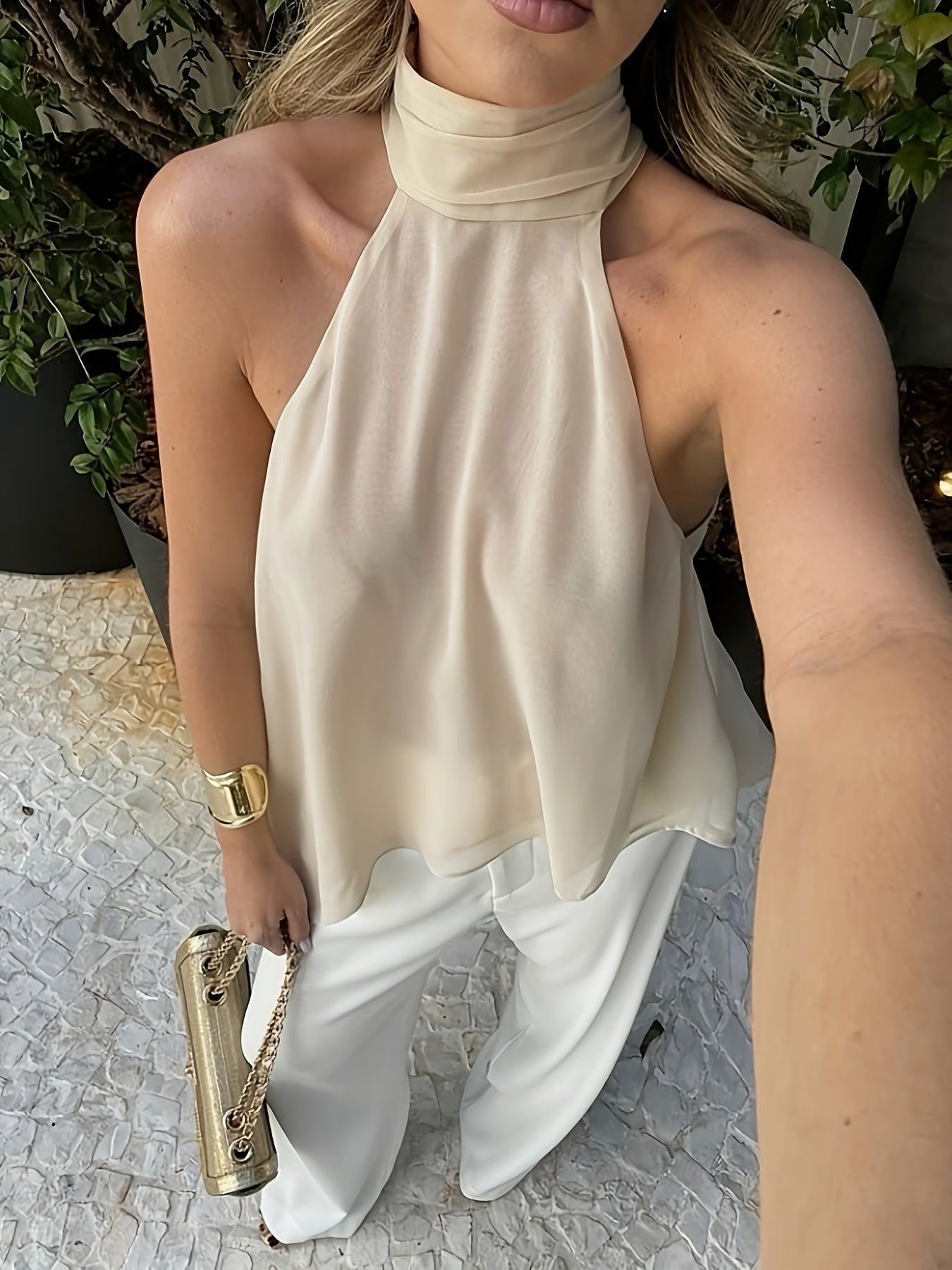 Effortless Silky Halter Top for Women with Mock Neck Sleeveless Handkerchief Hem Flowing Style