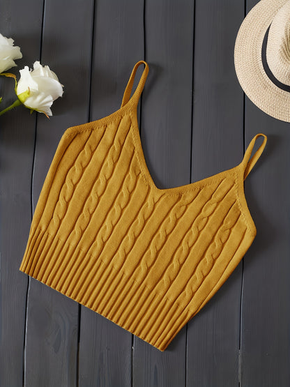 Effortless Cable Knit Tank for Women with V Neck Sleeveless Cropped Ribbed Casual Style