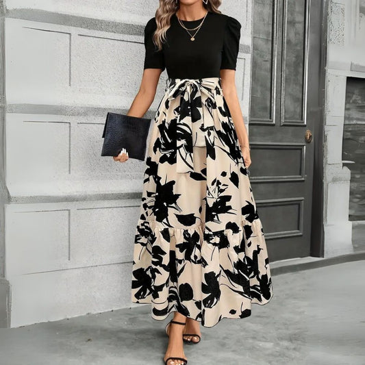 Elegant Floral Print Maxi Dress for Women with Round Neck Puff Sleeve Tie Waist Ruffle Hem Style