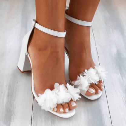 Elegant White Chiffon Flower Block Heel Sandal for Women with Ankle Strap Square Toe Flowing Style
