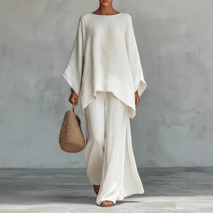 Effortless Linen Wide Leg Set for Women with Round Neck Batwing Sleeve Asymmetric Hem Two Piece Style