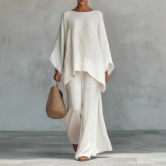 Effortless Linen Wide Leg Set for Women with Round Neck Batwing Sleeve Asymmetric Hem Two Piece Style