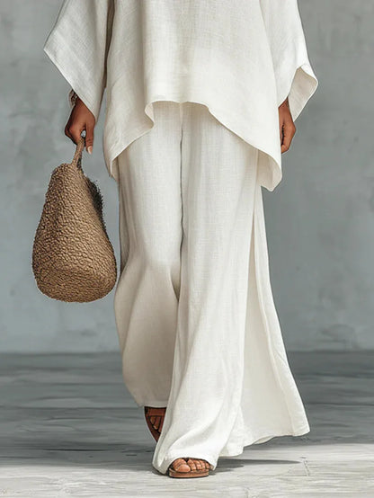 Effortless Linen Wide Leg Set for Women with Round Neck Batwing Sleeve Asymmetric Hem Two Piece Style