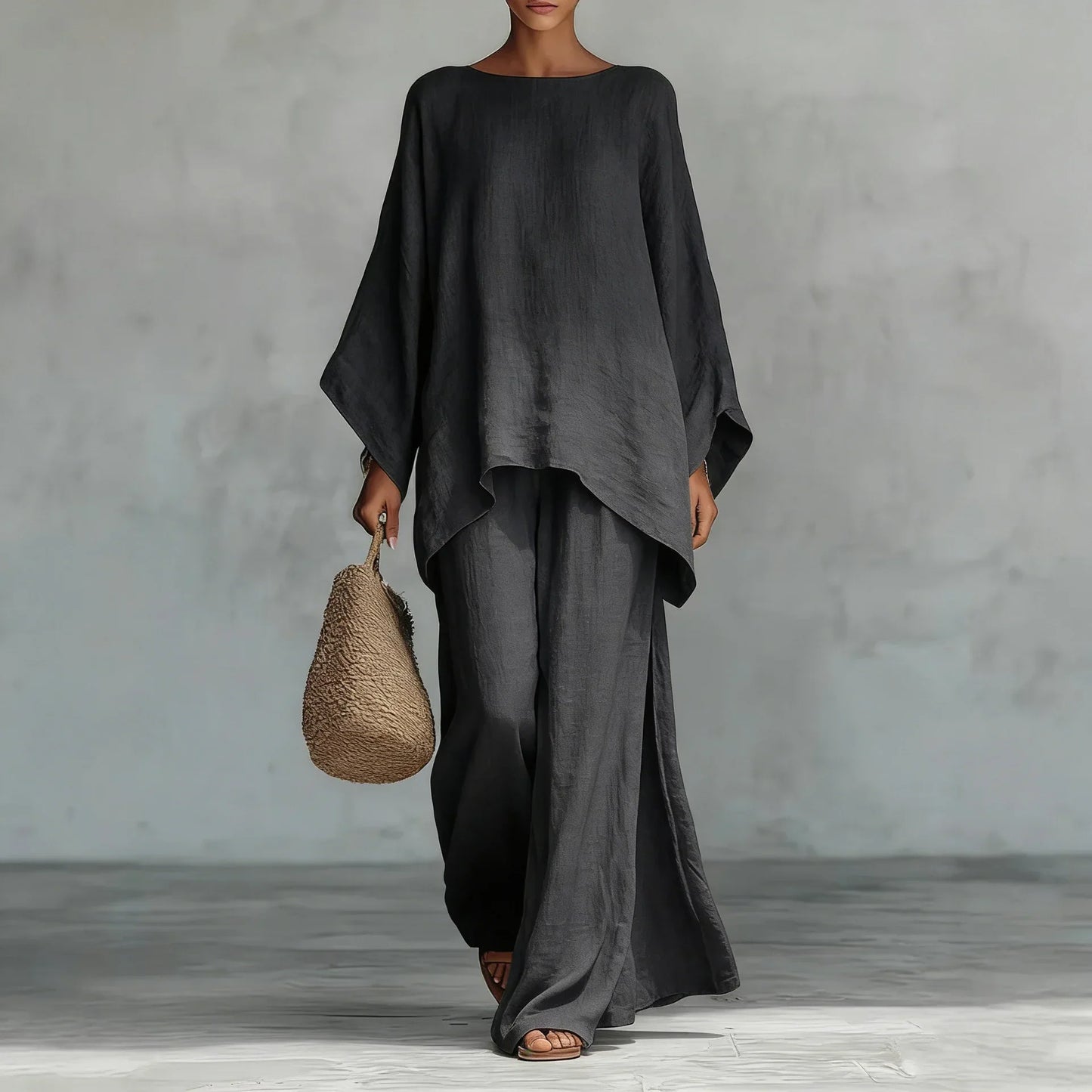 Effortless Linen Wide Leg Set for Women with Round Neck Batwing Sleeve Asymmetric Hem Two Piece Style