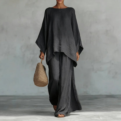 Effortless Linen Wide Leg Set for Women with Round Neck Batwing Sleeve Asymmetric Hem Two Piece Style