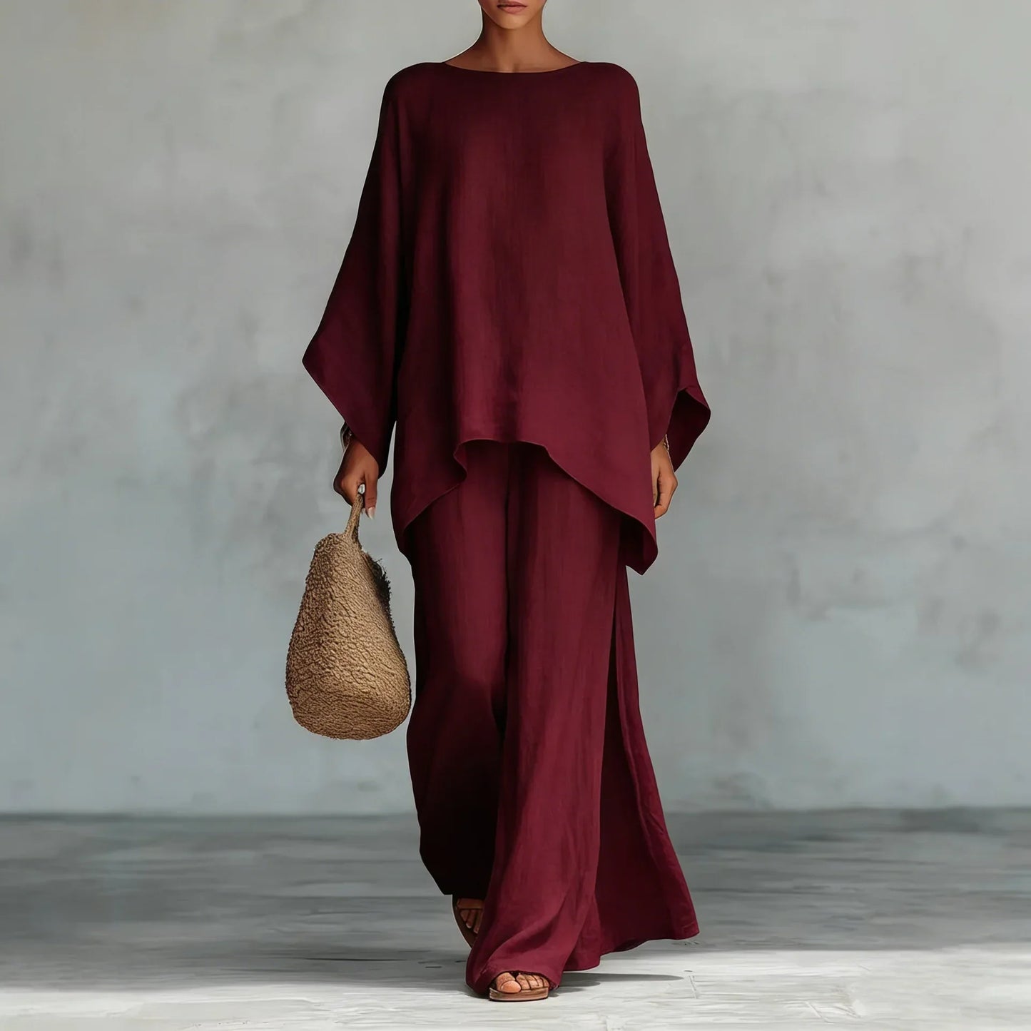 Effortless Linen Wide Leg Set for Women with Round Neck Batwing Sleeve Asymmetric Hem Two Piece Style