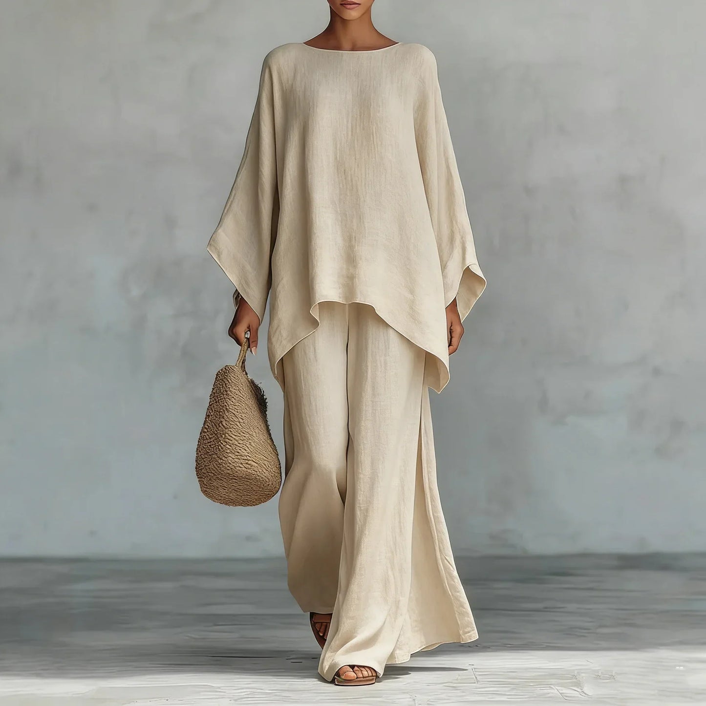 Effortless Linen Wide Leg Set for Women with Round Neck Batwing Sleeve Asymmetric Hem Two Piece Style