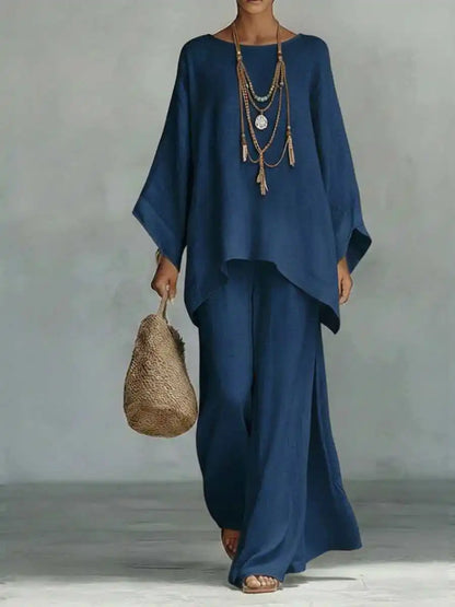 Effortless Linen Wide Leg Set for Women with Round Neck Batwing Sleeve Asymmetric Hem Two Piece Style