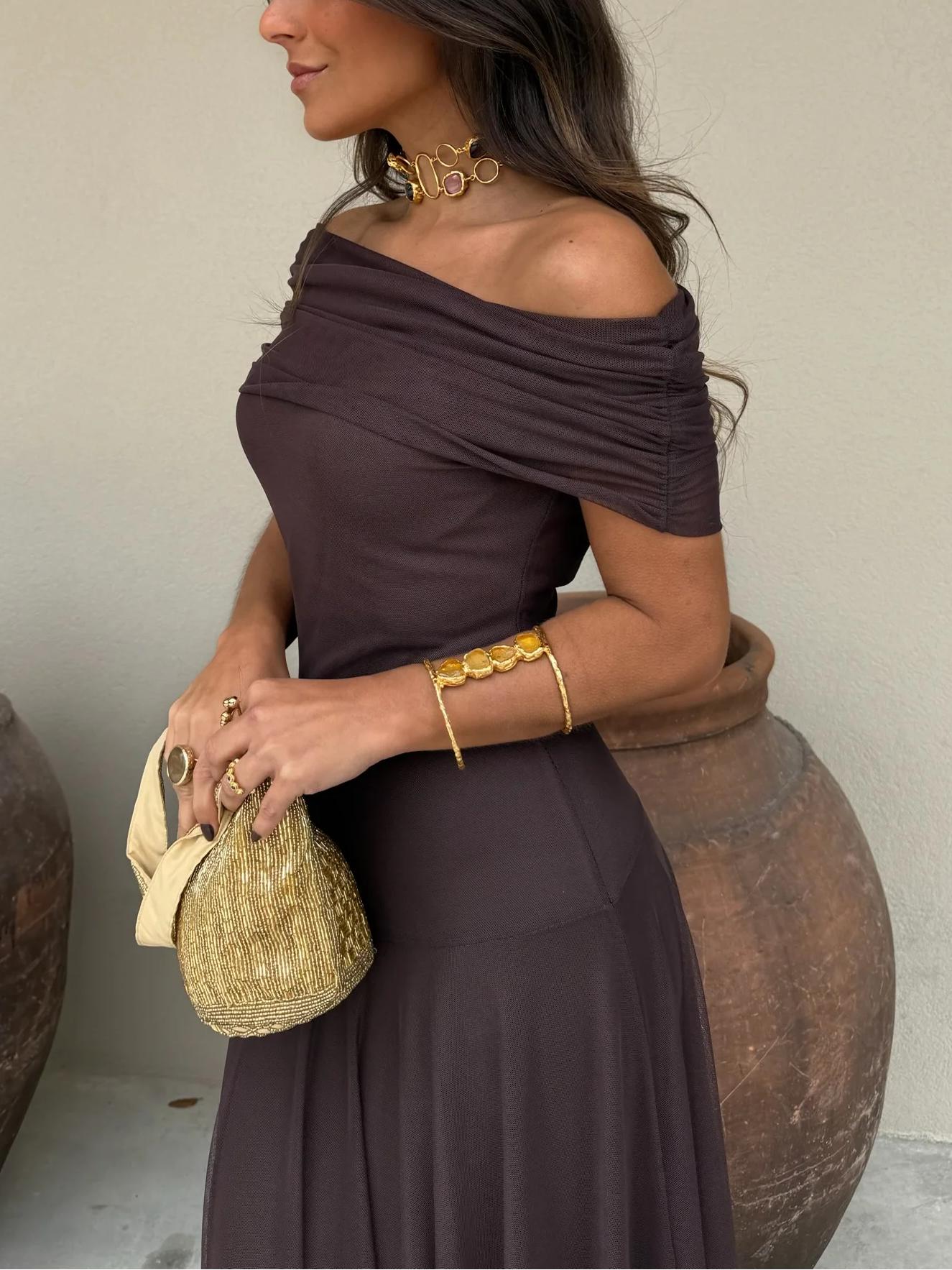Elegant Mesh Maxi Dress for Women with Off Shoulder Ruched Bodice Flowing Evening Style