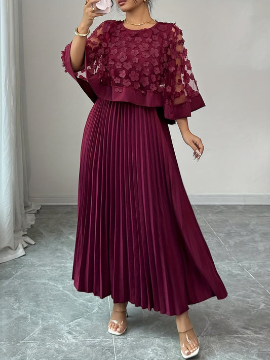 Elegant Floral Mesh Two Piece Set for Women with Round Neck Flutter Sleeve Pleated Maxi Skirt Formal Style