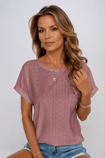 Effortless Eyelet Crochet Blouse for Women with Round Neck Dolman Sleeve Relaxed Boxy Casual Style