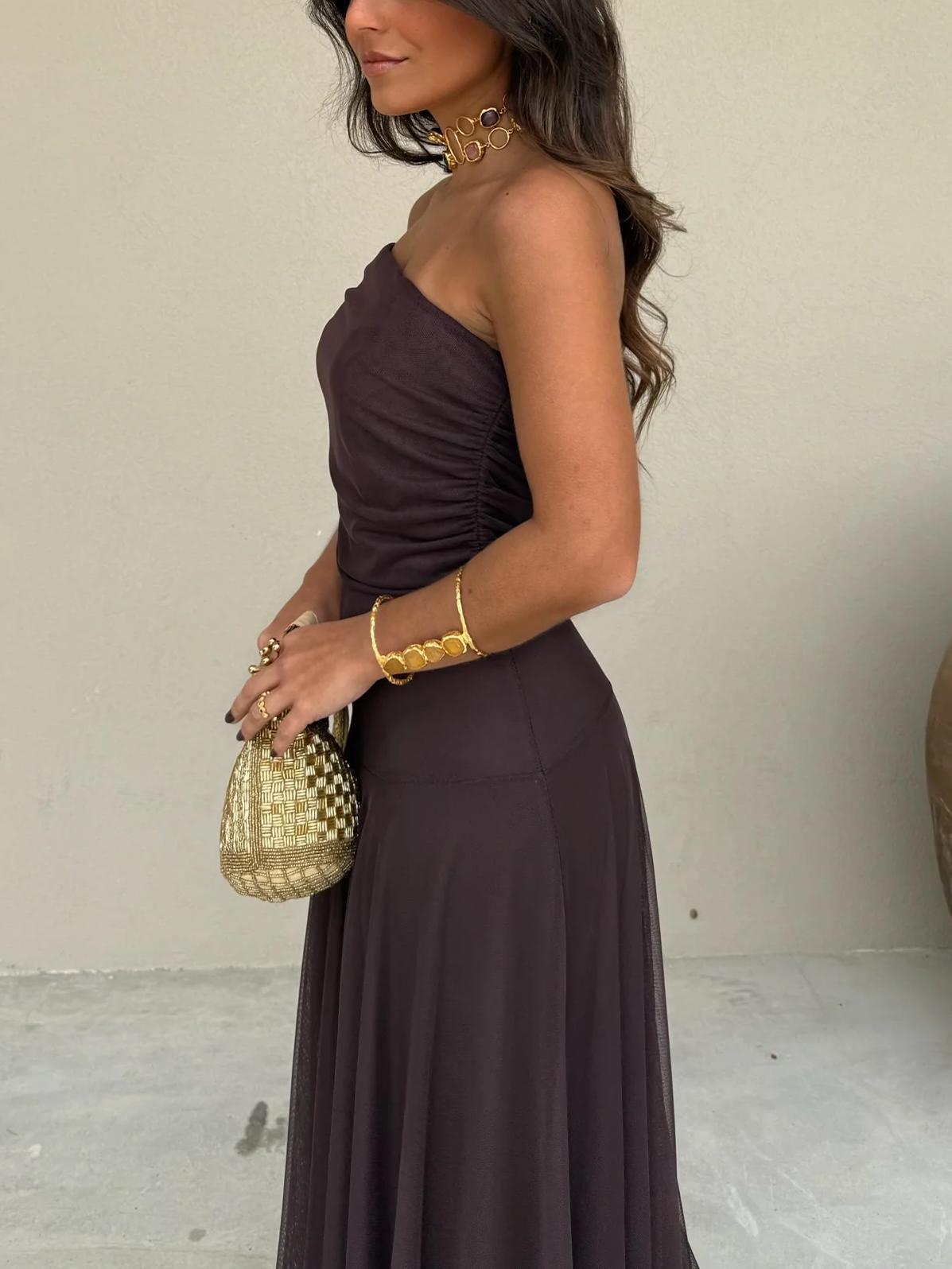 Elegant Mesh Maxi Dress for Women with Off Shoulder Ruched Bodice Flowing Evening Style