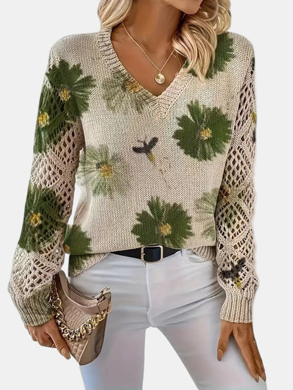 Comfortable Floral Print Sweater for Women with V Neck Long Sleeve Crochet Panel Oversized Knit Style