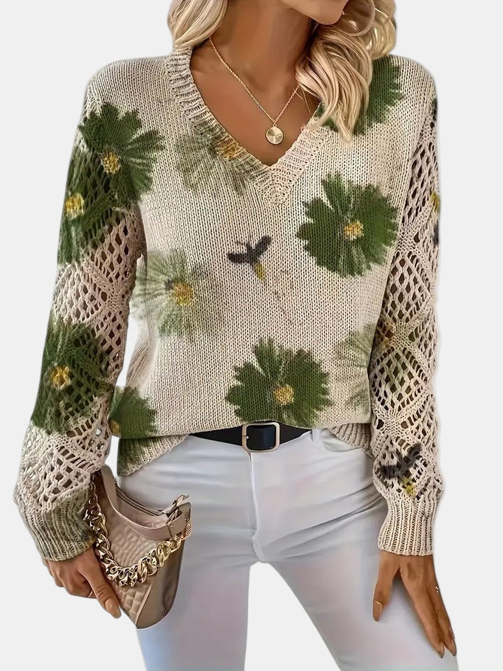 Comfortable Floral Crochet Sweater for Women with V Neck Long Sleeve Relaxed Oversized Knit Style