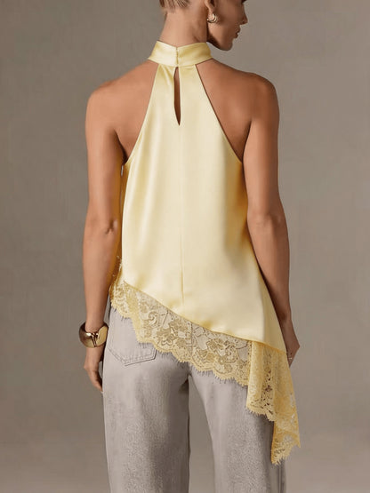 Elegant Satin Blouse for Women with Halter Neck Sleeveless Lace Trim Asymmetric Style