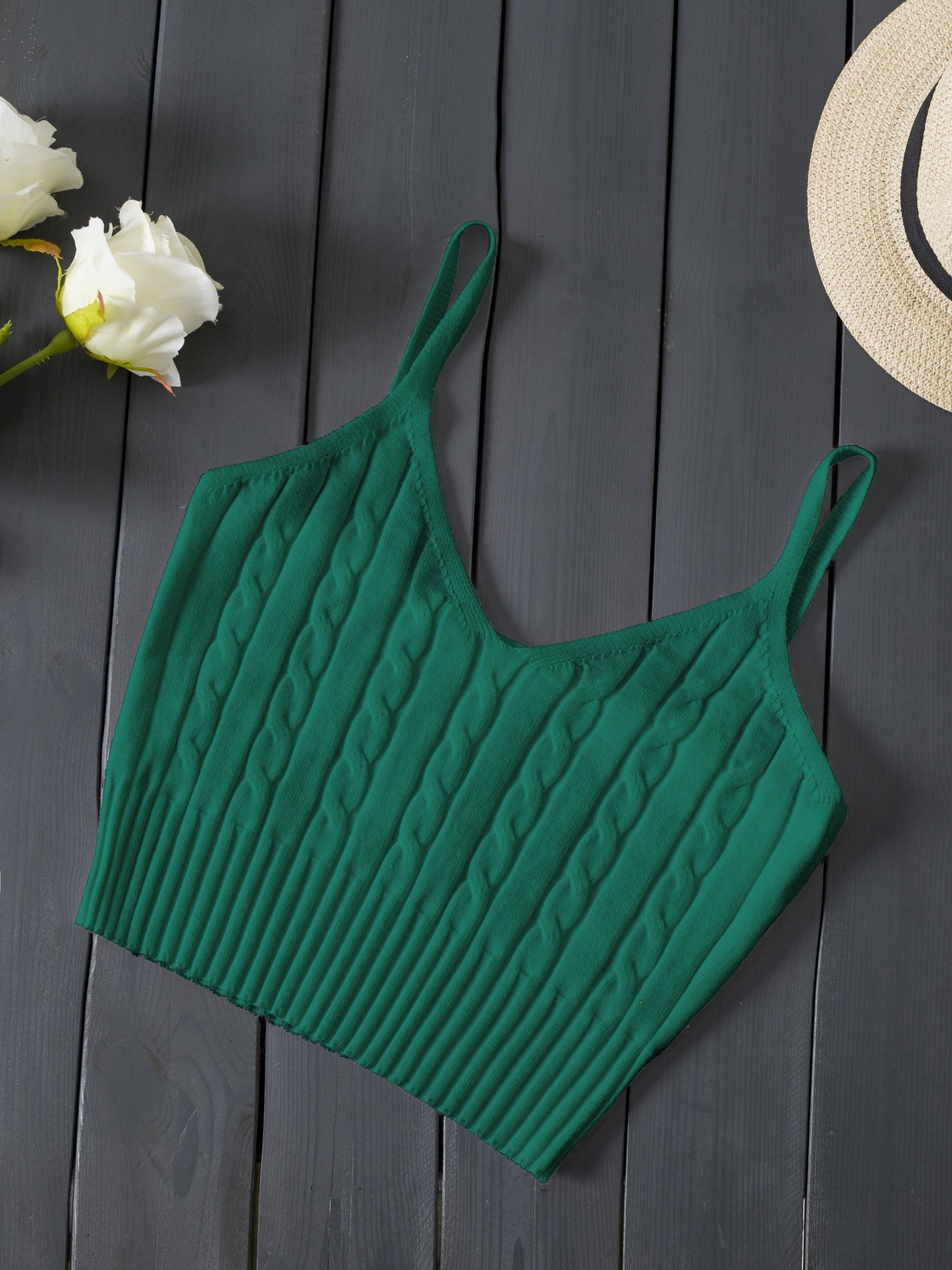 Effortless Cable Knit Tank for Women with V Neck Sleeveless Cropped Ribbed Casual Style