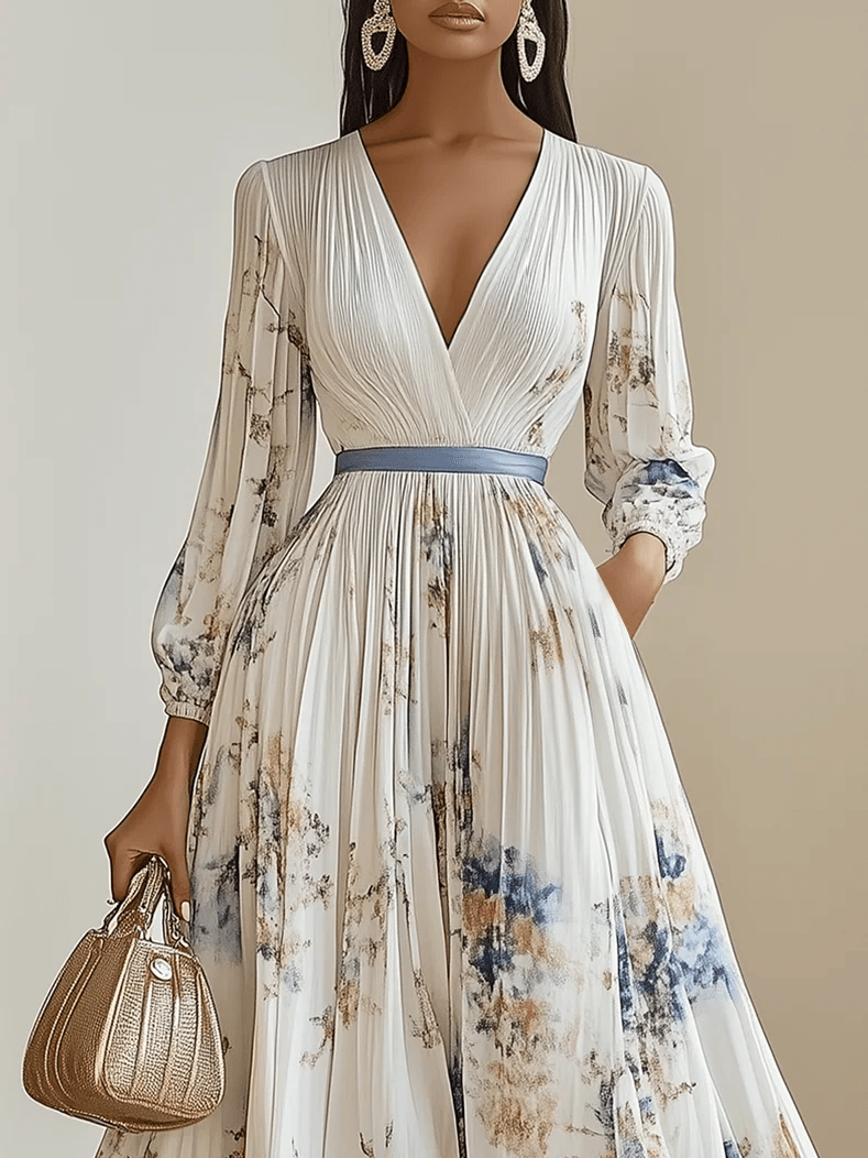 Elegant White Floral Maxi Dress for Women with V Neck Bishop Sleeve Pleated Belted Flowing Style