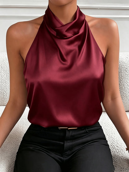 Elegant White Satin Blouse for Women with Cowl Neck Halter Sleeveless Draped Silky Style