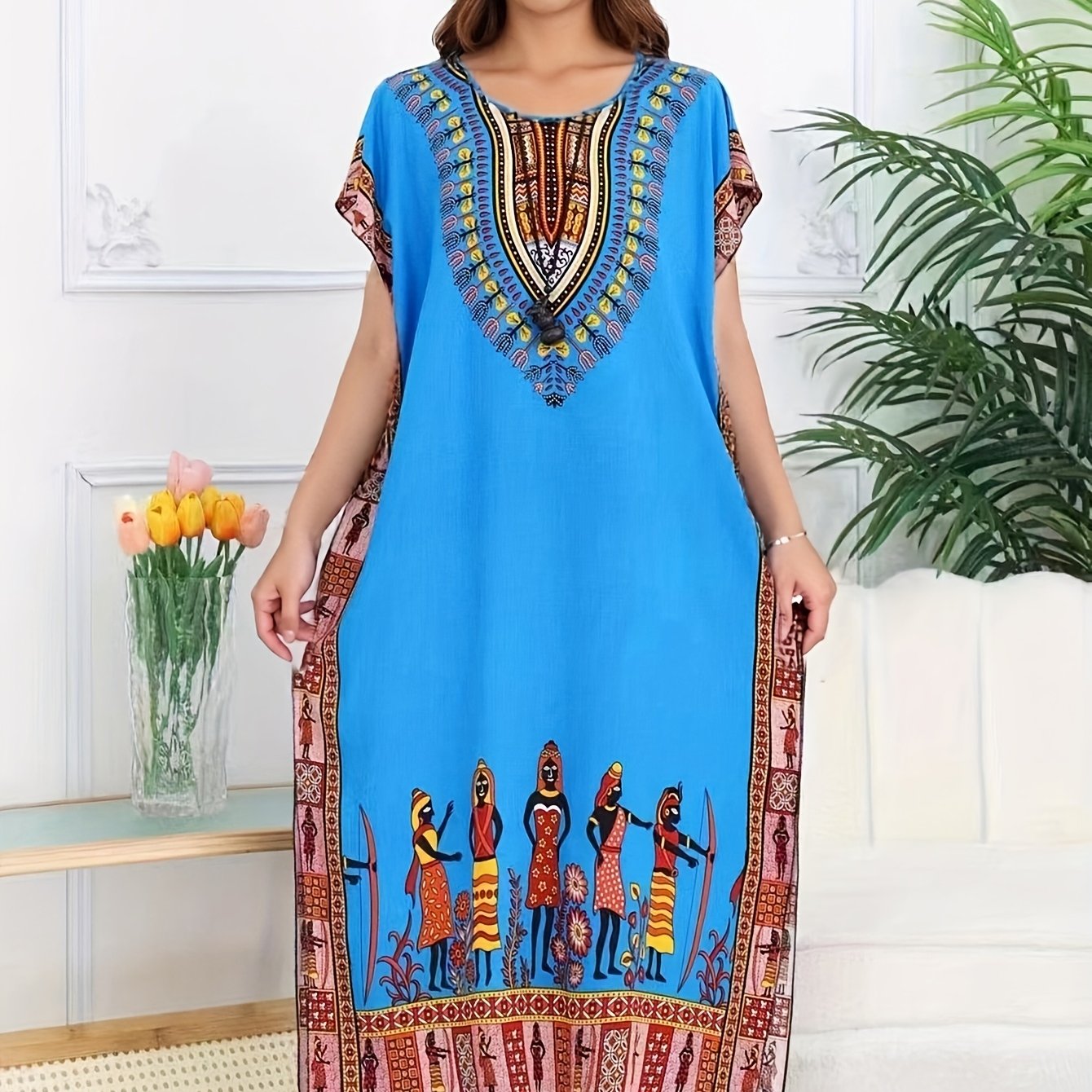Effortless Tribal Print Kaftan Maxi Dress for Women with V Neck Short Sleeve Flowing Bohemian Style