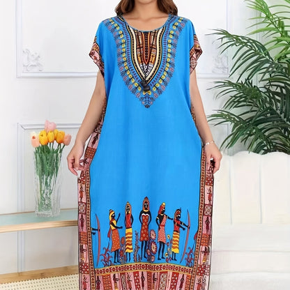 Effortless Tribal Print Kaftan Maxi Dress for Women with V Neck Short Sleeve Flowing Bohemian Style