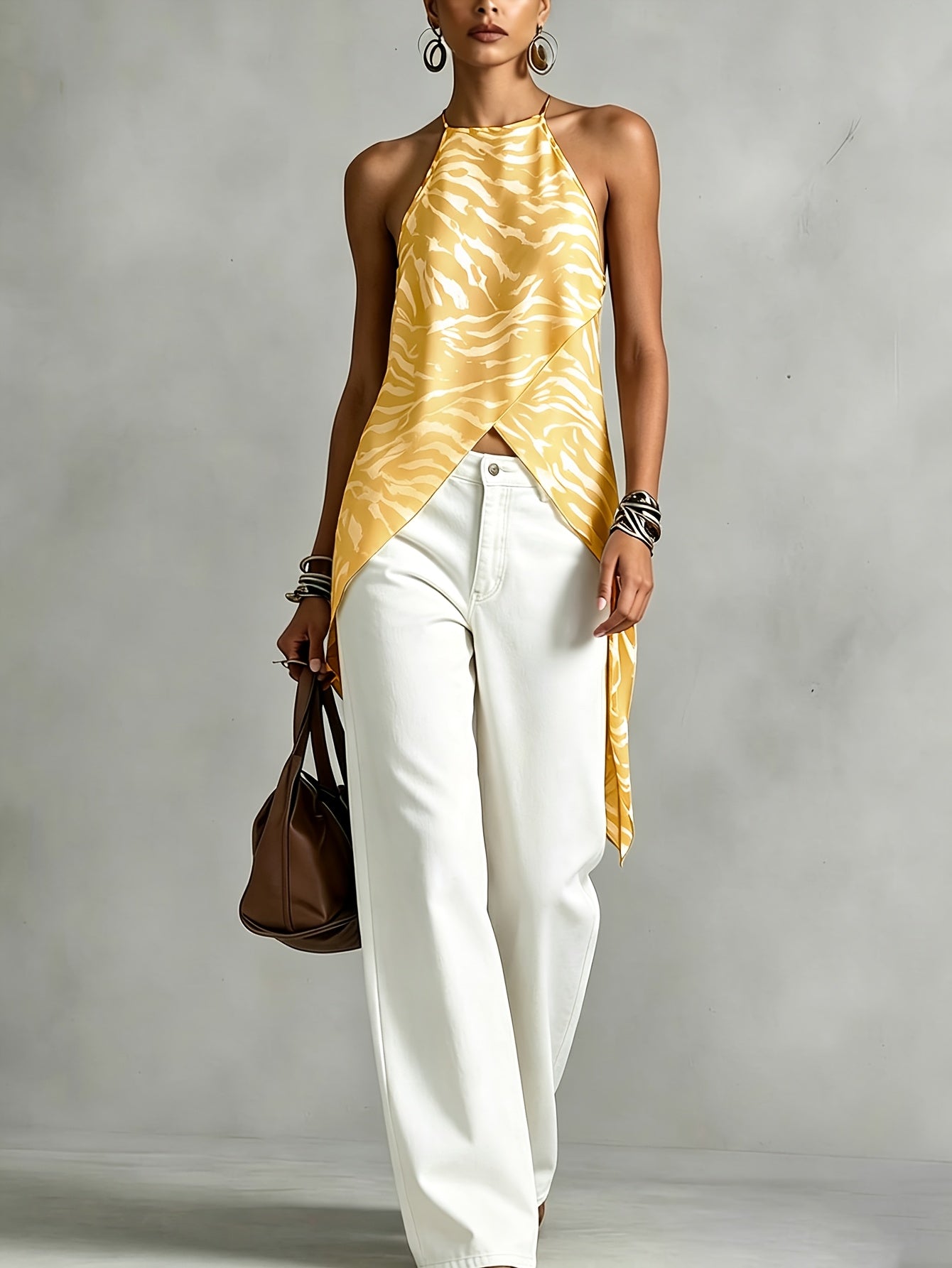 Elegant Brown Zebra Print Halter Top for Women with High Neck Sleeveless Wrap Asymmetrical Style