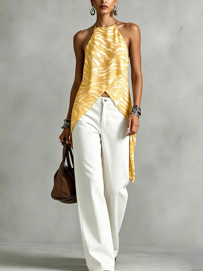 Elegant Brown Zebra Print Halter Top for Women with High Neck Sleeveless Wrap Asymmetrical Style
