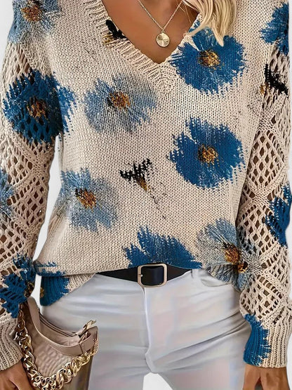 Comfortable Floral Crochet Sweater for Women with V Neck Long Sleeve Relaxed Oversized Knit Style