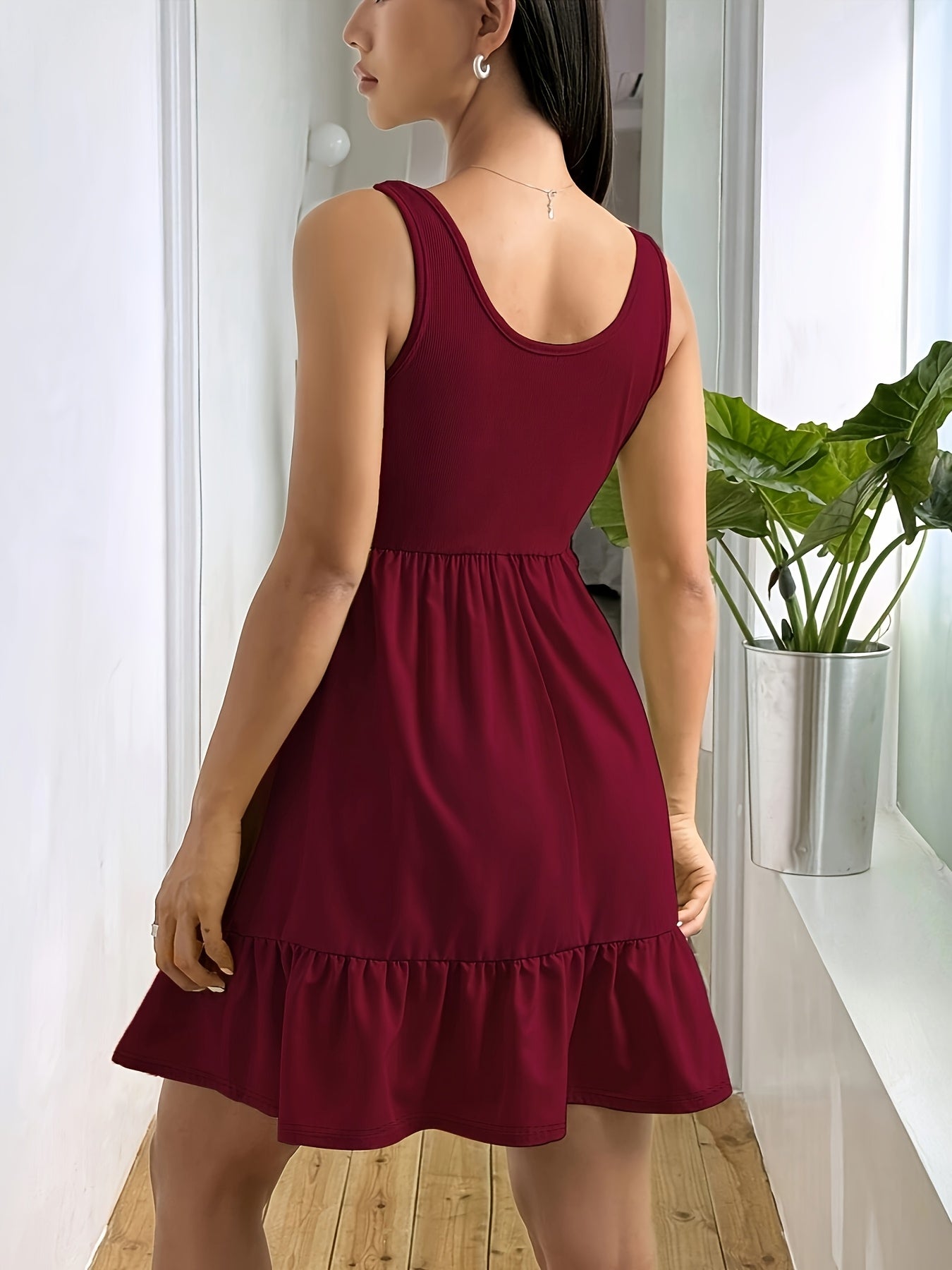 Effortless Ribbed Tiered Mini Dress for Women with Square Neck Sleeveless Ruffle Hem Flowy Casual Style